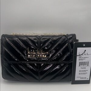 Nicole Miller Black Patent Quilted Bag with Gold Details